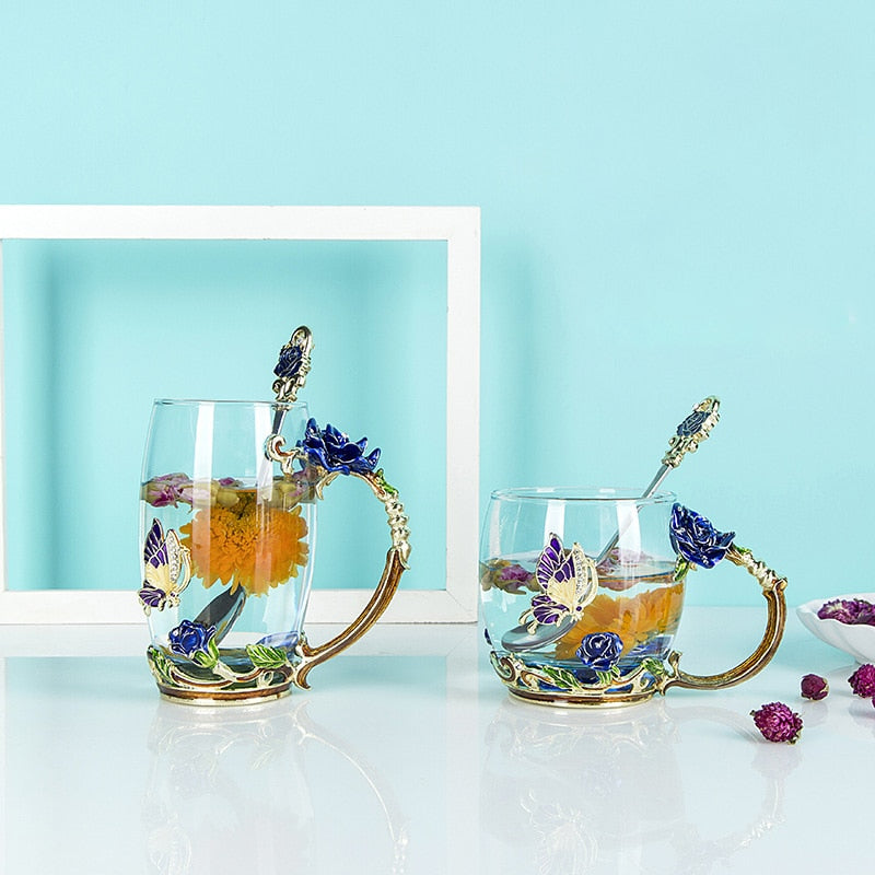 Rose Butterfly Glass with Spoon Set