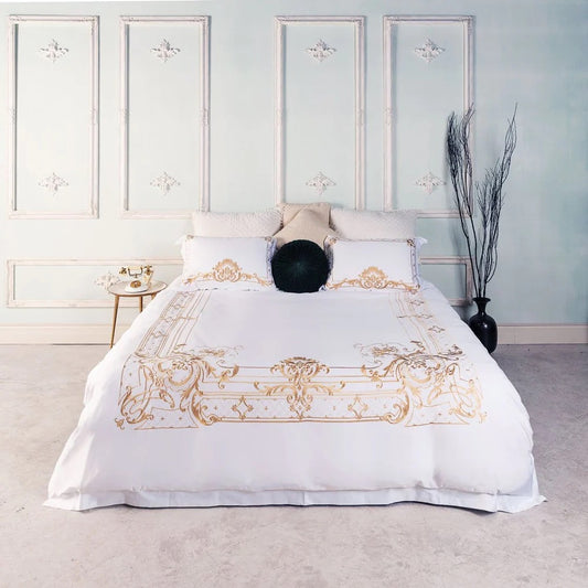 Evy Gold Characters White and Gold Duvet Cover Set (100% Egyptian Cotton)