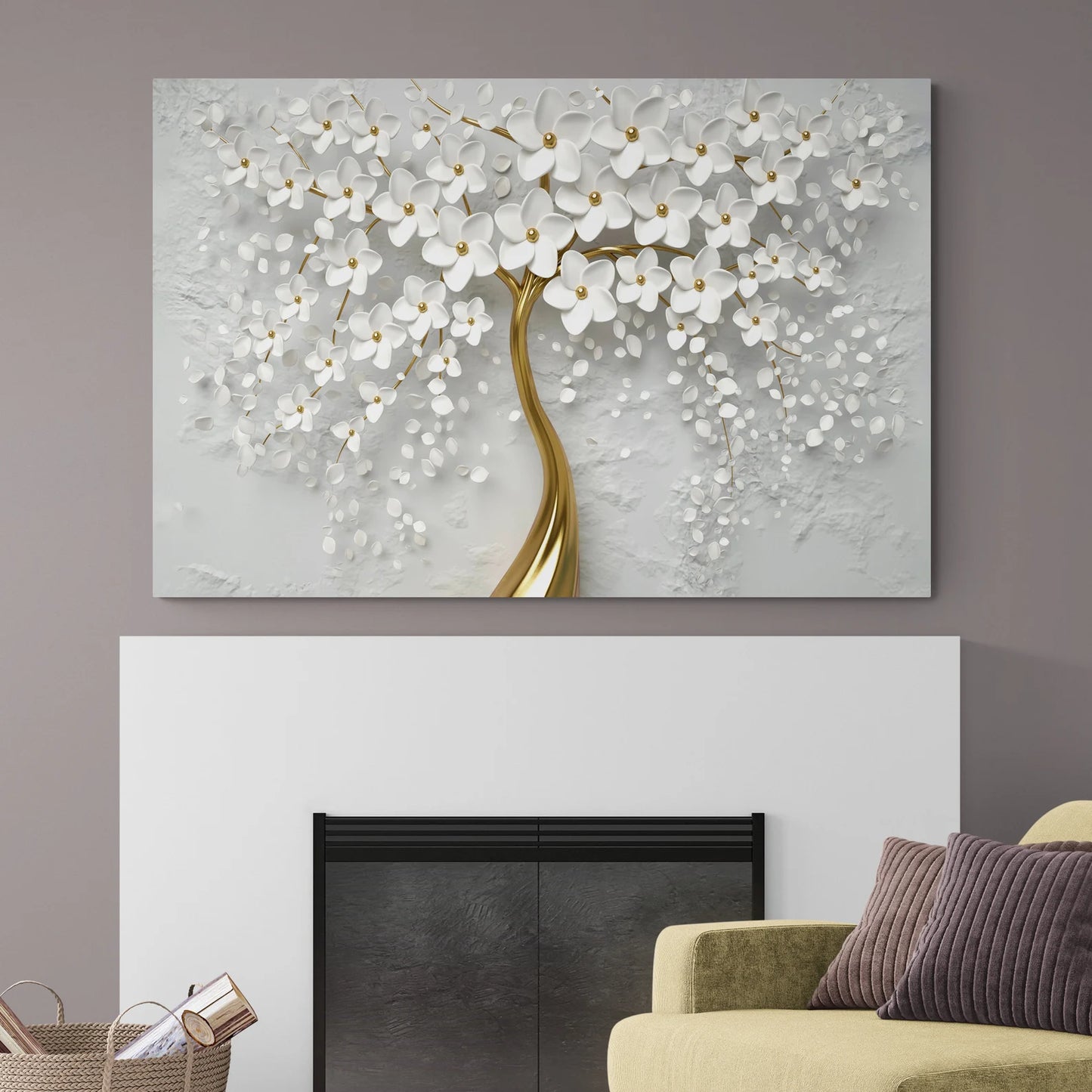 Golden Tree, White Flowers Canvas Handmade Gold Glitter