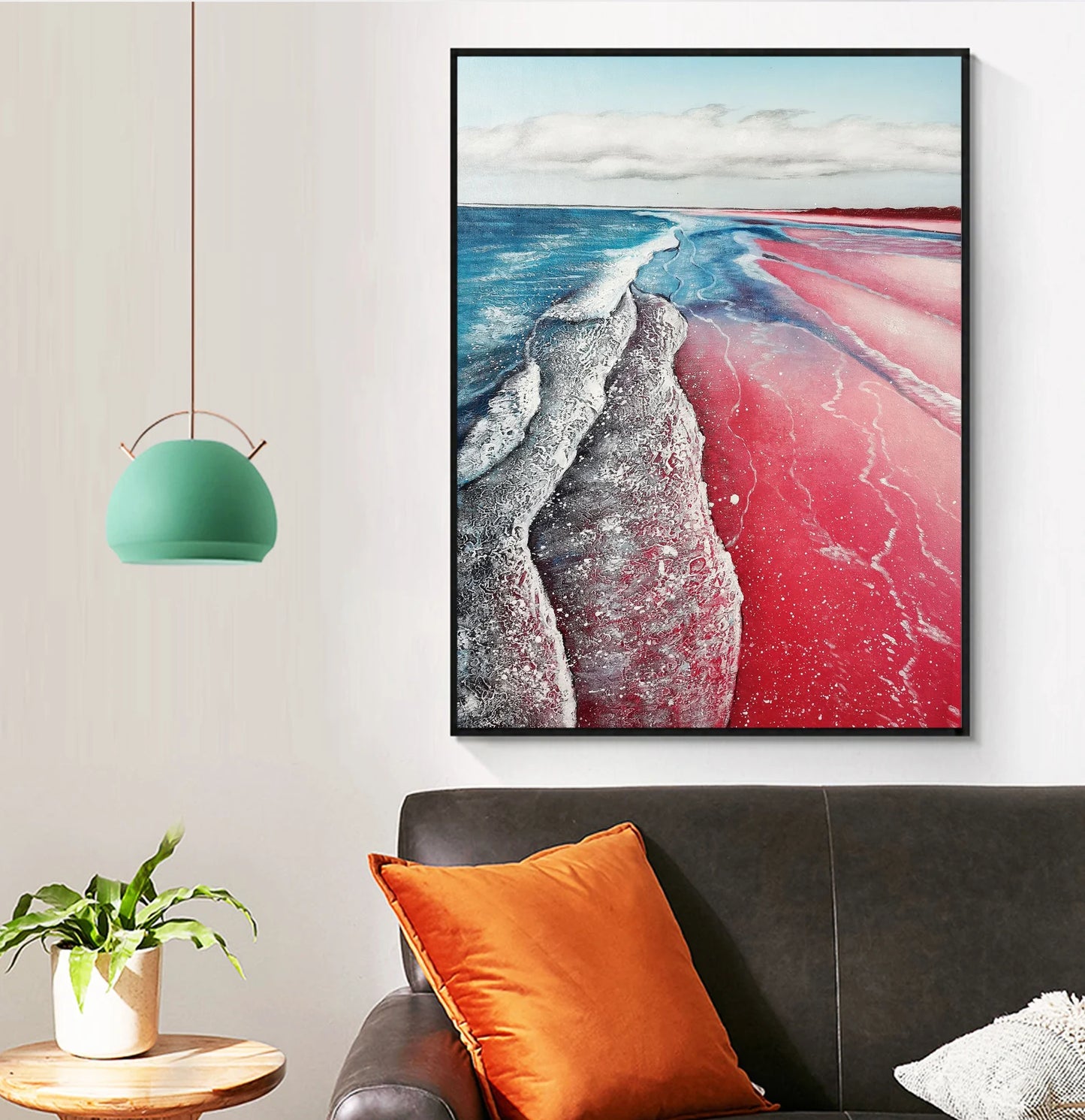 Beach Ocean Pink Oil Painting Handmade