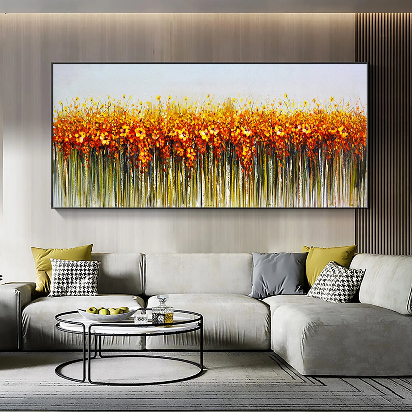 HAND DRAWN Flower Field Orange Yellow Oil Painting