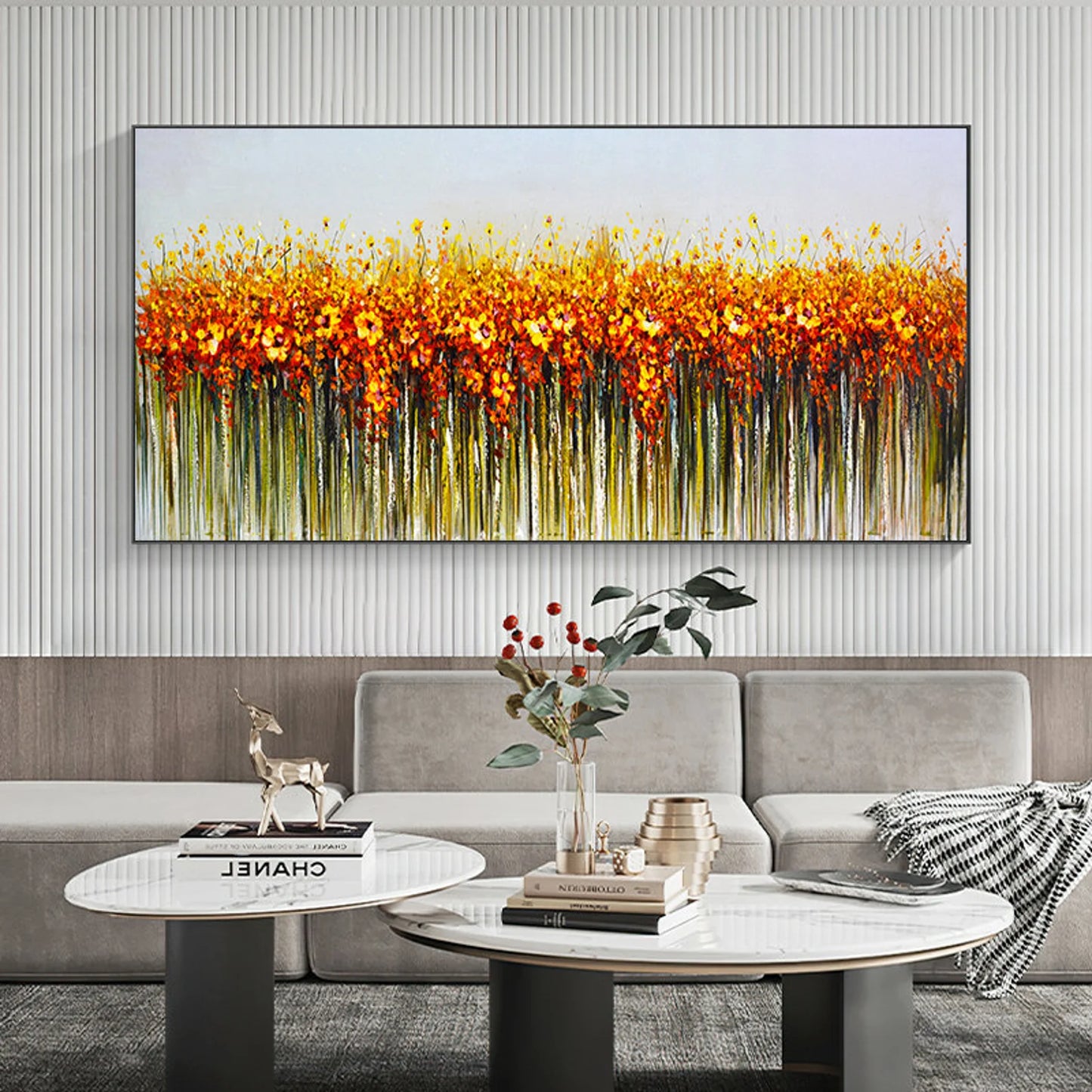 HAND DRAWN Flower Field Orange Yellow Oil Painting