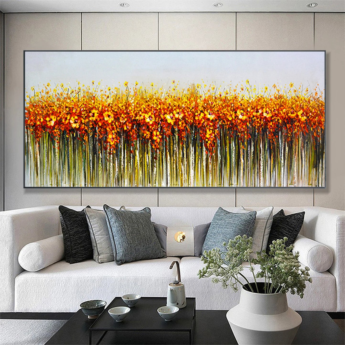 HAND DRAWN Flower Field Orange Yellow Oil Painting