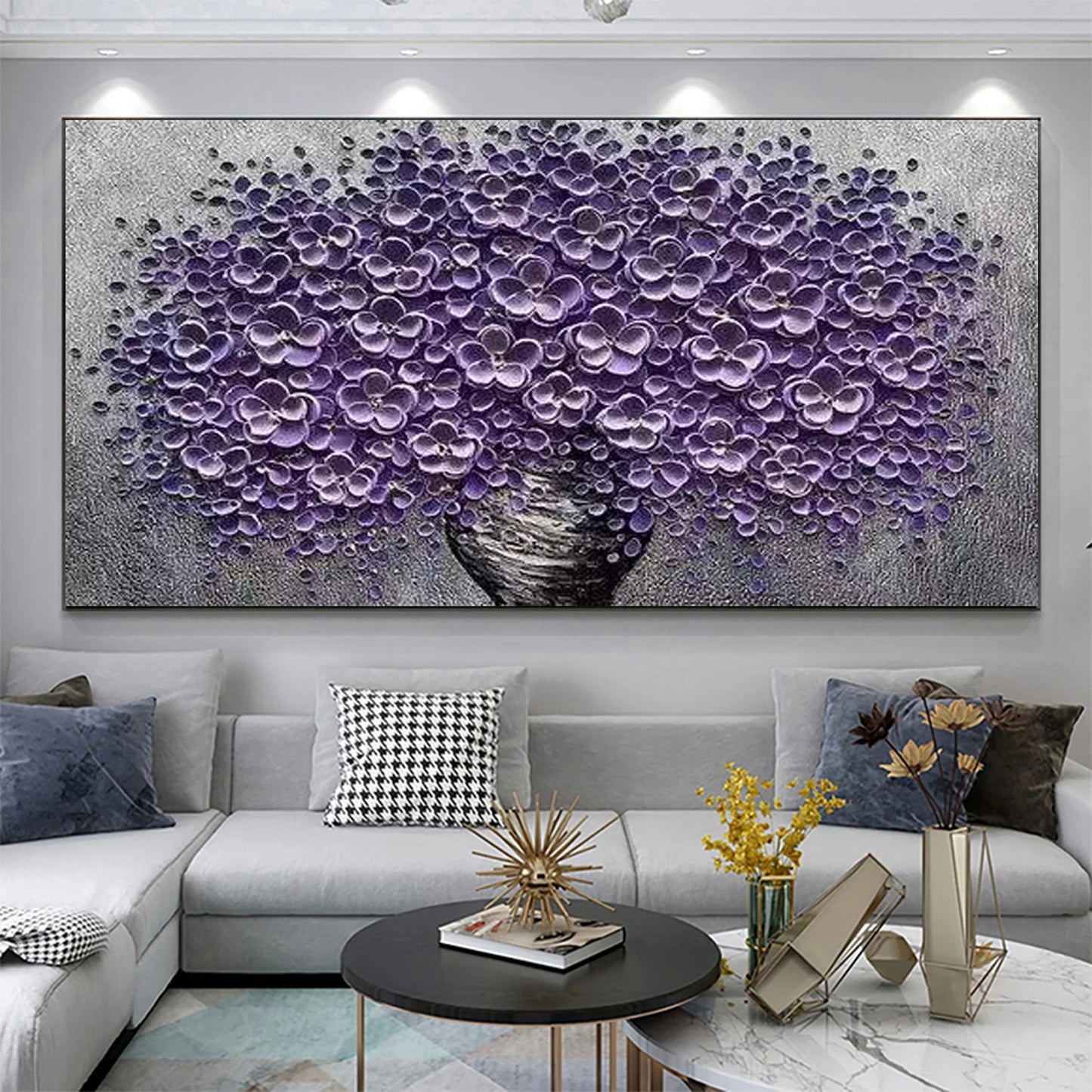 HAND DRAWN Cherry Blossom Purple and Gray Oil Painting